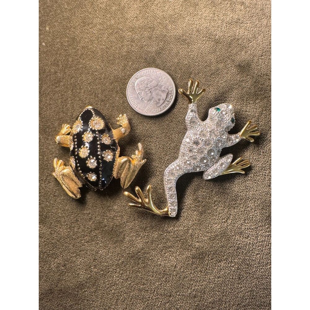 Frog Brooches Black Enamel & Rhinestone Frog Set of 2